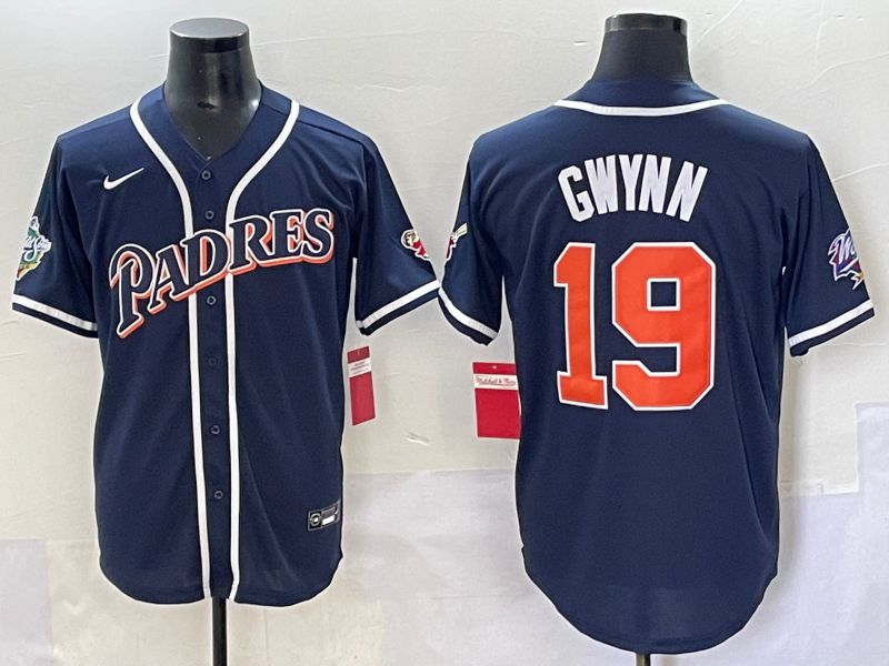 Men 2025 San Diego Padres 19 Gwynn Blue Throwback Game Nike MLB Jersey style 61